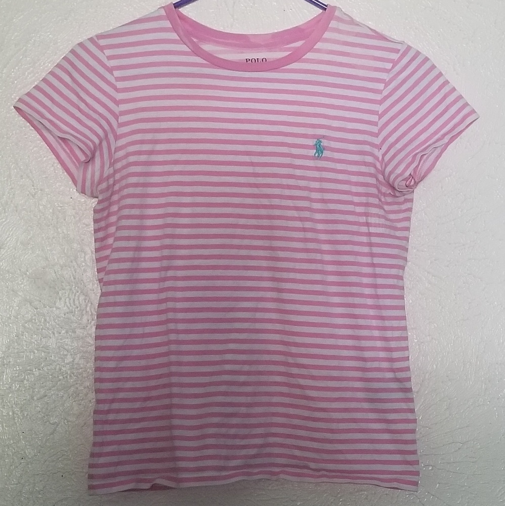 Pink and white striped polo t-shirt